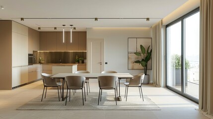 Fototapeta premium Elegant contemporary dining area in a luxury home with large windows, inviting natural light and tasteful decorations.