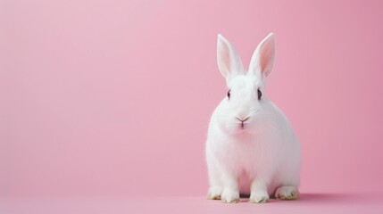 An endearing white bunny stands alert and attentive against a seamless pink backdrop, creating a charming and whims