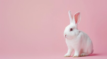 A pristine white bunny with delicate pink ears posed on a gentle pink background, radiating softness and purity in a serene setting.