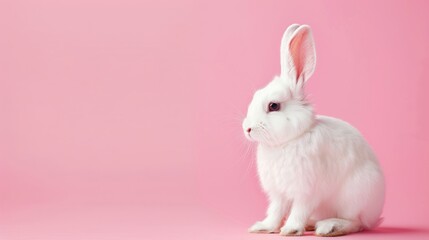 Elegant white bunny with attentive ears sitting gracefully on a solid pink background, perfect for festive and spring concepts.