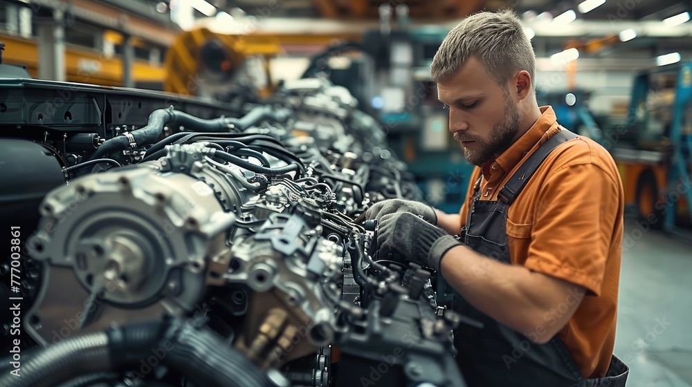 Poster Man fully Assembling truck engine at factory. Generative AI.