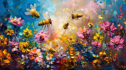 Industrious Honeybees Thriving in a Vibrant Flower Meadow: A Naive Art Painting Showcase - obrazy, fototapety, plakaty