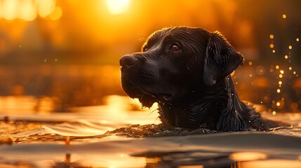 Labrador Retriever Finds Pure Joy in a Sunset Lake Swim with and Tonalist Landscape Influence