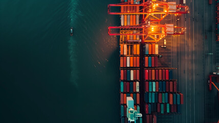 Aerial view container in container warehouse at sea port and working crane bridge loading container for logistics import export or transportation concept background. - obrazy, fototapety, plakaty