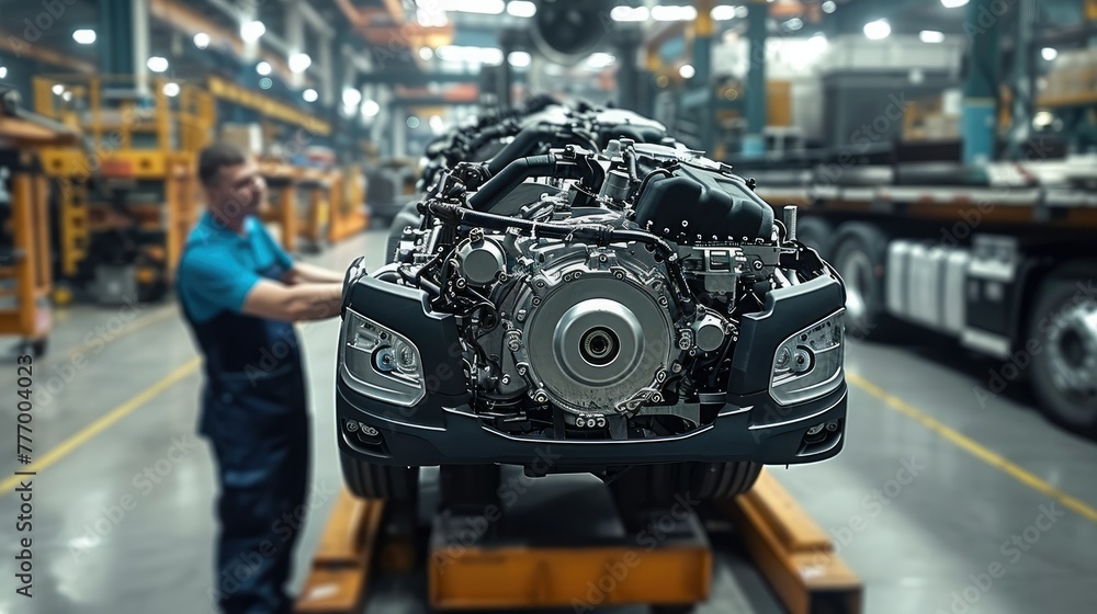 Aufkleber Man fully Assembling truck engine at factory. Generative AI.