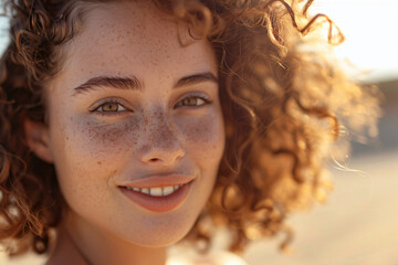 Fototapeta premium portrait of a beautiful young woman with curly hair smiling and looking at the camera on the beach, close up, sunlight, sun rays, skin texture, sunburnt, freckles, summer