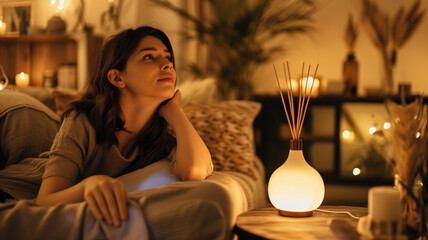 Brunette woman in a cozy living room in the warm light of a lamp. A cozy evening for a single person. Girl dreams at home. aromatherapy at home
