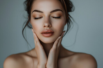 Young woman with closed eyes touching her neck, isolated on a grey background. Beauty and skin care concept. Portrait of a beautiful young model in the style of a luxury spa salon