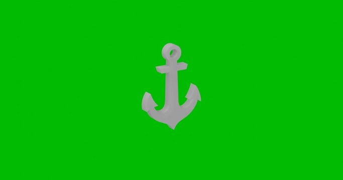 Animation of rotation of a white sea anchor symbol with shadow. Simple and complex rotation. Seamless looped 4k animation on green chroma key background