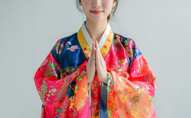 Fototapeta premium Woman in traditional dress, hands together, white backdrop