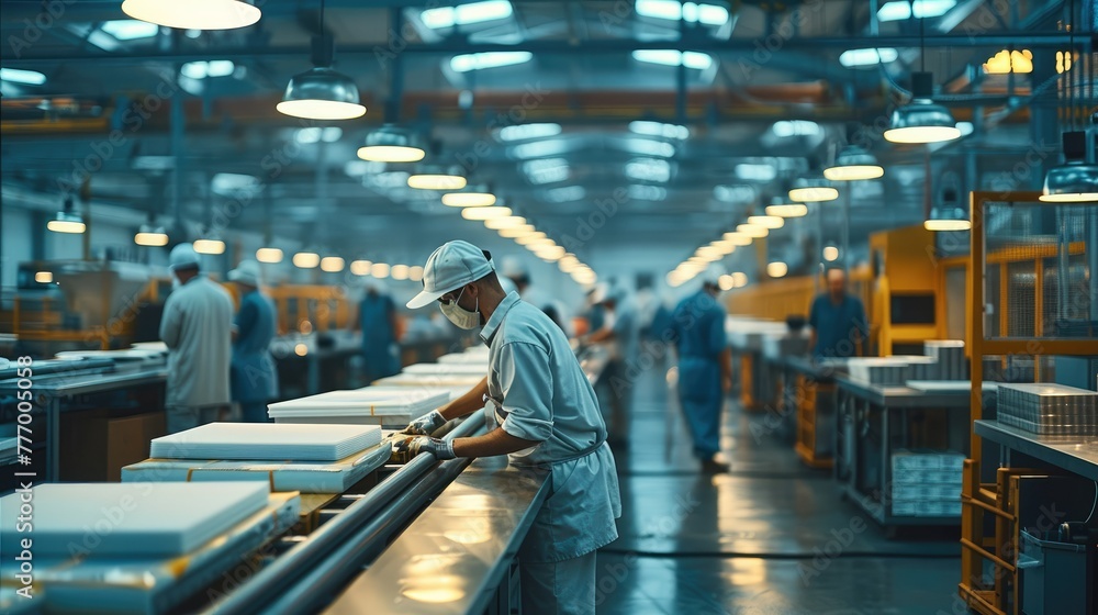 Poster inside a bustling factory, with workers and machinery operating on a production line. generative ai.