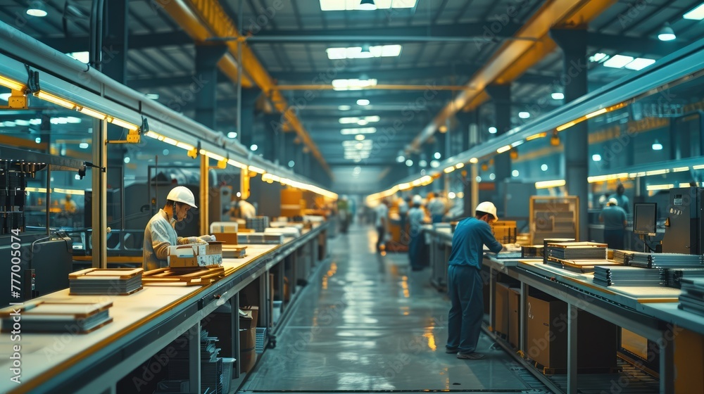 Poster inside a bustling factory, with workers and machinery operating on a production line. generative ai.