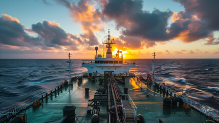 Frontal view of tanker deck in the sea at sunset
