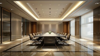 Minimalist corporate conference room featuring a long table, comfortable chairs, and a panoramic view of the city skyline