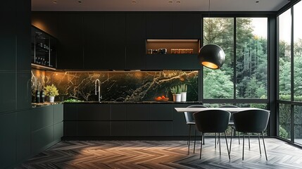 Dark modern kitchen with large window, black cabinets and walls, wood herringbone flooring. Generative AI. - obrazy, fototapety, plakaty
