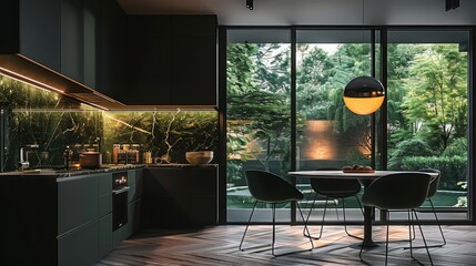 Dark modern kitchen with large window, black cabinets and walls, wood herringbone flooring. Generative AI.