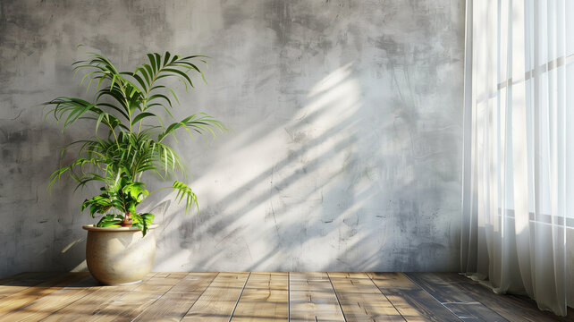 Plant in a large pot on a wooden floor against a background of a matte gray-blue blank wall