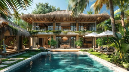 An eco-friendly thatched roof luxury villa with Palm trees surrounding, creating a lush tropical ambiance. Generative AI.