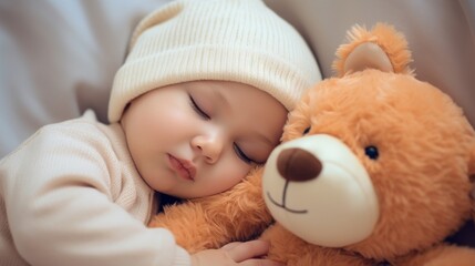 A baby and a teddy bear share a nap in a soft blanket