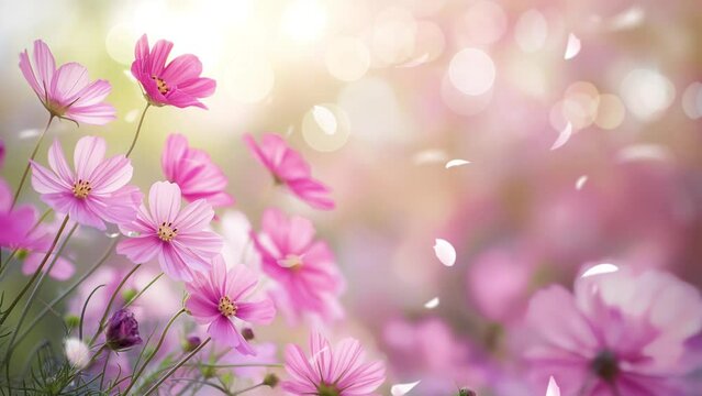 pink cosmos flowers with sparkling light and spring animation background. Video seamless looping 4k