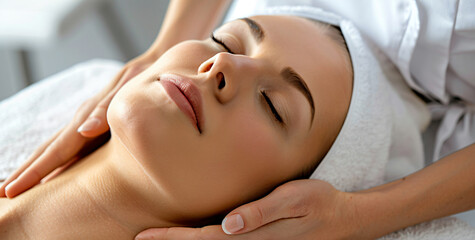 Fototapeta na wymiar woman receiving a facial massage in a spa salon, closeup of her face and hands