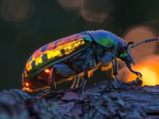Firefly iridescent, vibrant, luminescent, glowing with an otherworldly light in the twilight