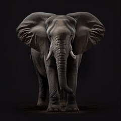 Powerful elephant with raised trunk, isolated on a dark and solid backdrop.