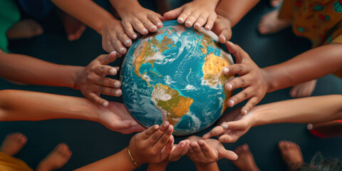 many hands holding Planet Earth Globe, Saving the planet concept