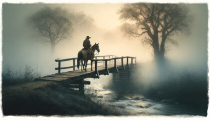 Misty Morning Crossing with Cowboy on Bridge - obrazy, fototapety, plakaty