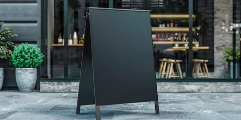 empty black billboard on the street in front of the restaurant, Mock up Signboard Blank black sign stand shop Restaurant cafe Menu