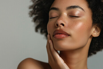 Close up portrait of a beautiful woman with closed eyes touching her neck and holding her hand on it. She has healthy skin in the style of a beauty studio setting over a grey background.