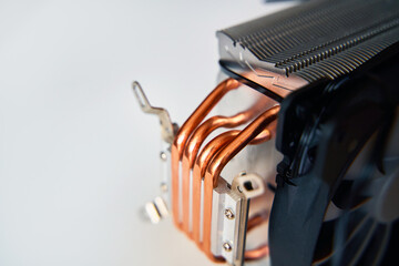 Close-up of Copper Heat Pipe Transfer.  Preventing Component Overheating - obrazy, fototapety, plakaty