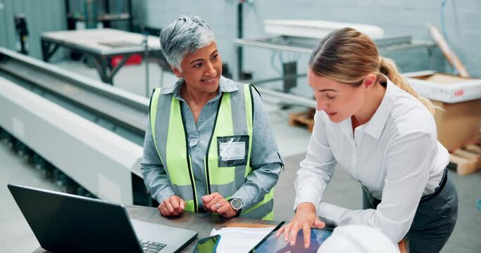 Warehouse, laptop and worker in discussion with manager for logistics, distribution and brainstorming. Women, boss and communication with tech for production idea, planning or supply chain management