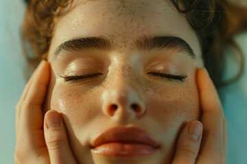 Young woman having a facial massage in a spa salon, closeup view of hands and her face, warm tones