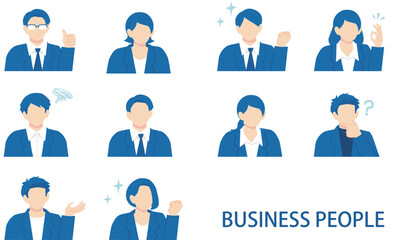 紺色スーツの社会人たちの色々な表情のイラストセット