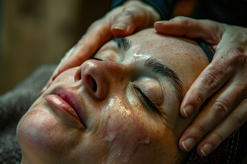Beautiful woman having facial massage in spa salon, closeup photo of hands massaging face on table with closed eyes and dark hair lying down at luxury beauty center