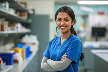 Attractive young Indian nurse wearing blue scrubs, smiling and standing in front of medical equipment on shelves behind her with colors and stationery in a bright light office space.