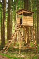 Wooden lookout post in the forest for hunters or animal watchers. Surveillance in nature.