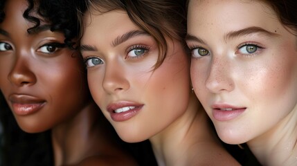 three women showcasing natural beauty and diverse skin tones, highlighting subtle makeup