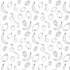 Vector pattern of fruits and berries, fruits and berries in doodle style, black and white pattern,  seamless vector pattern
