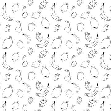 Vector pattern of fruits and berries, fruits and berries in doodle style, black and white pattern,  seamless vector pattern