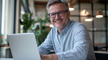 Obraz premium Happy mature business man executive manager looking at laptop computer watching online webinar or having remote virtual meeting, video conference call negotiation. Generative AI