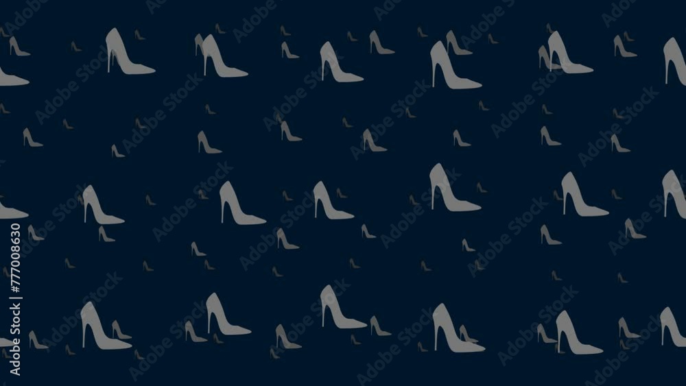 Poster high heel shoe symbols float horizontally from left to right. parallax fly effect. floating symbols 