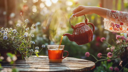 Tea party in summer garden. Woman pouring tea from teapot into cup standing on wooden table outdoors. - 777008807