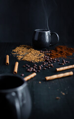 Morning, coffee. on a black background. Different types of coffee