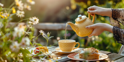 Tea party or breakfast in summer garden. Person pouring tea from teapot into cup standing on wooden table outdoors. - 777008860