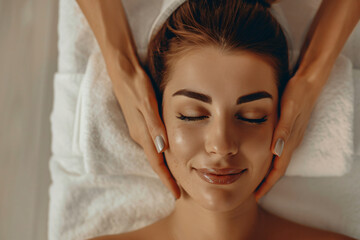 A beautiful woman is lying on her back in the spa, with both hands massaging another person's face and closed eyes, creating an atmosphere of relaxation and comfort