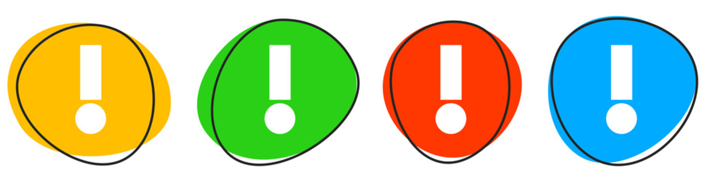 4 bunte Icons: Ausrufezeichen - Button Banner