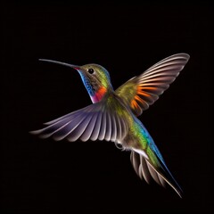 Enchanting hummingbird in mid-flight, vibrant colors, on black background.