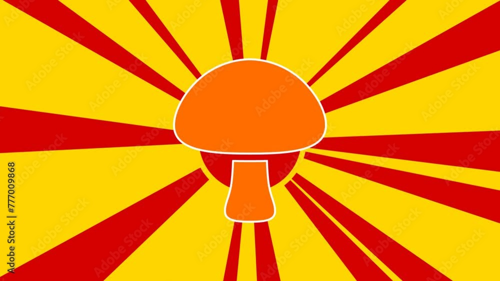 Poster mushroom symbol on the background of animation from moving rays of the sun. large orange symbol incr